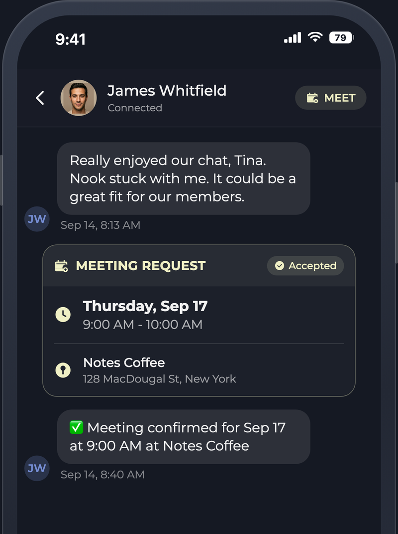 Chat with James Whitfield: an accepted Meeting Concierge request for Thursday at Notes Coffee