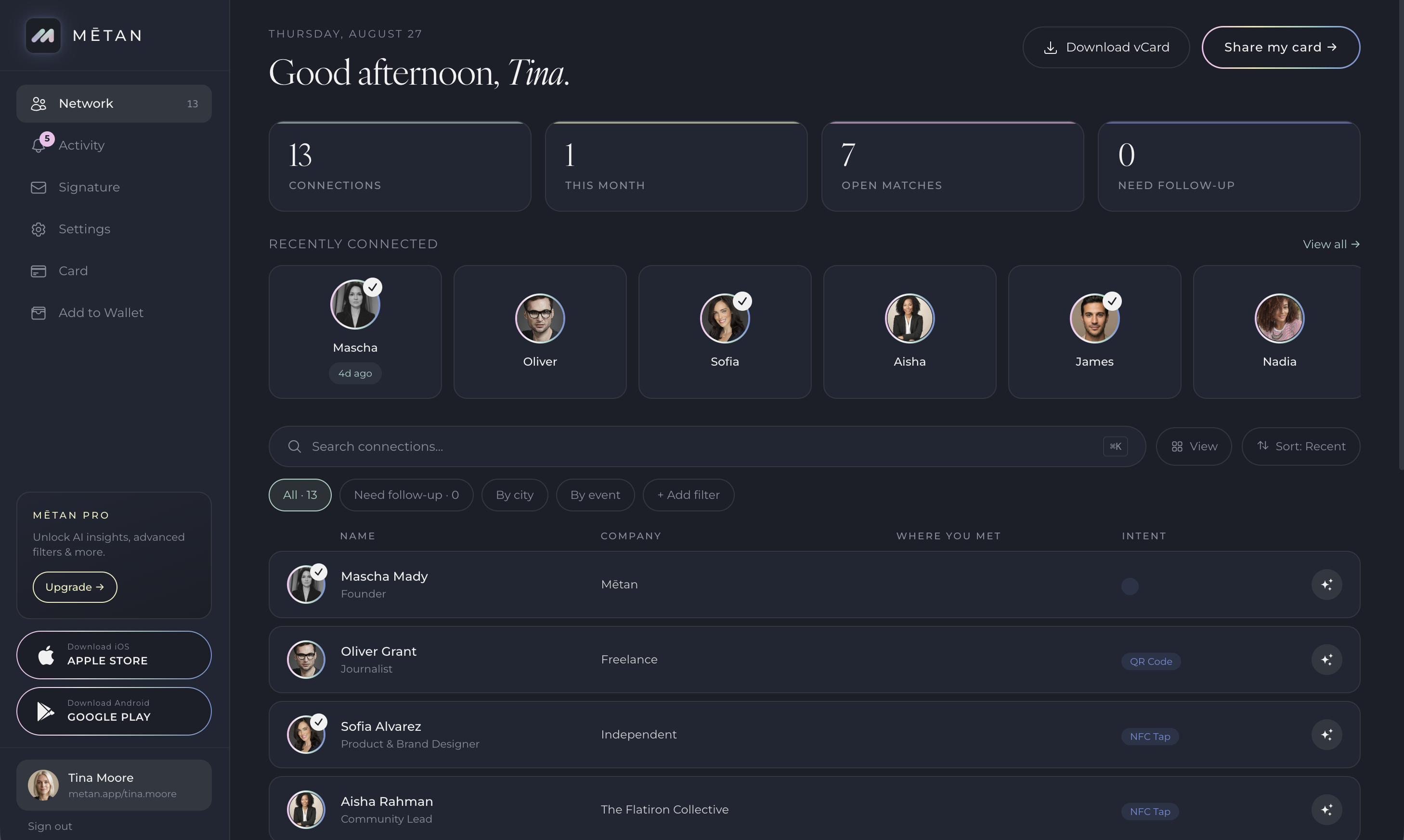 Mētan personal web dashboard with connections, recent activity and follow-ups
