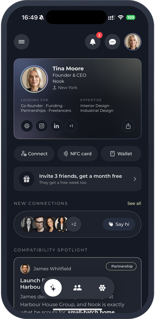 Mētan home screen on the phone: your card, Connect, NFC Card and Wallet, new connections