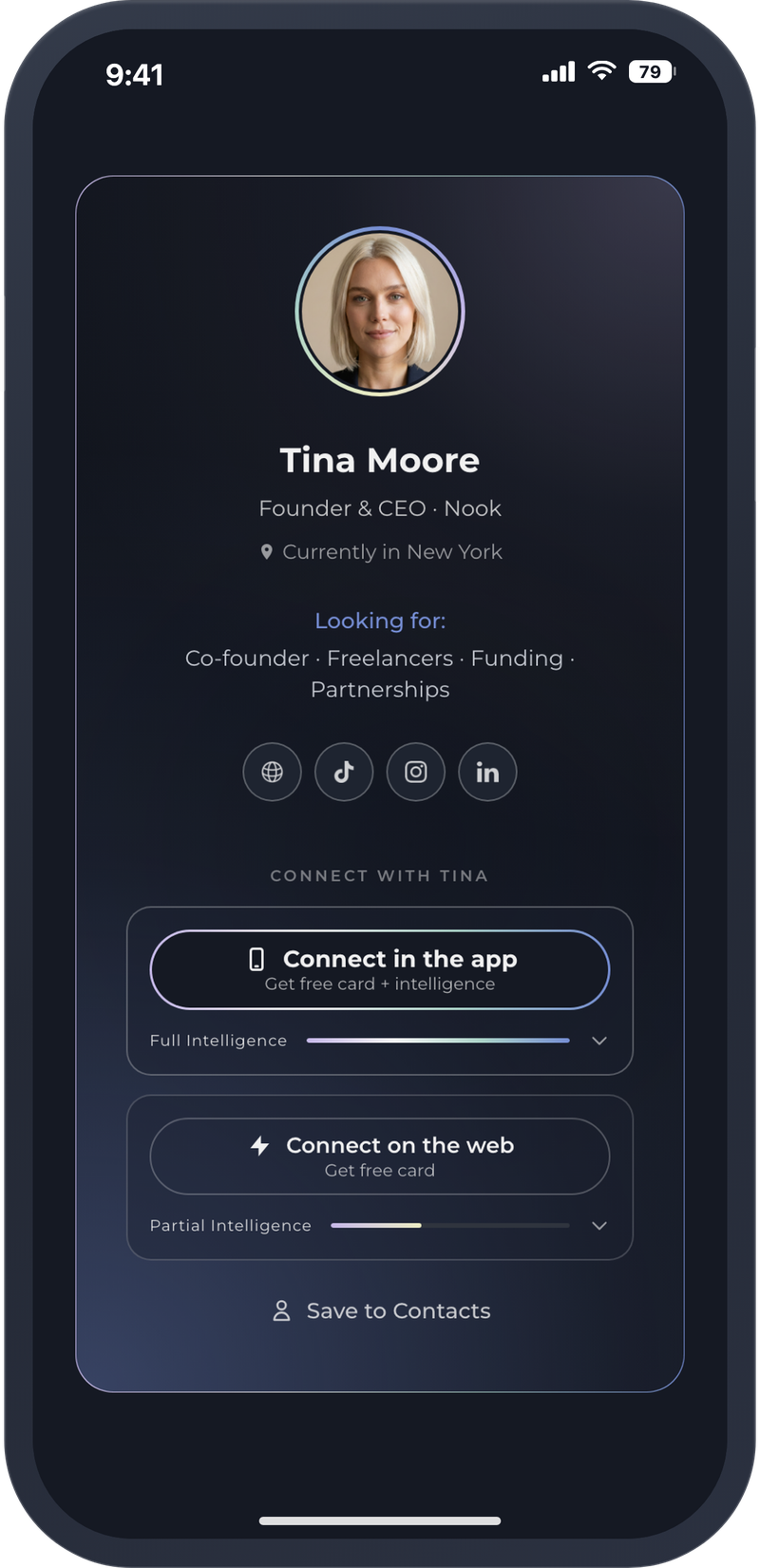 Tina Moore’s Mētan web card on a phone: Connect in the app, Connect on the web, Save to Contacts